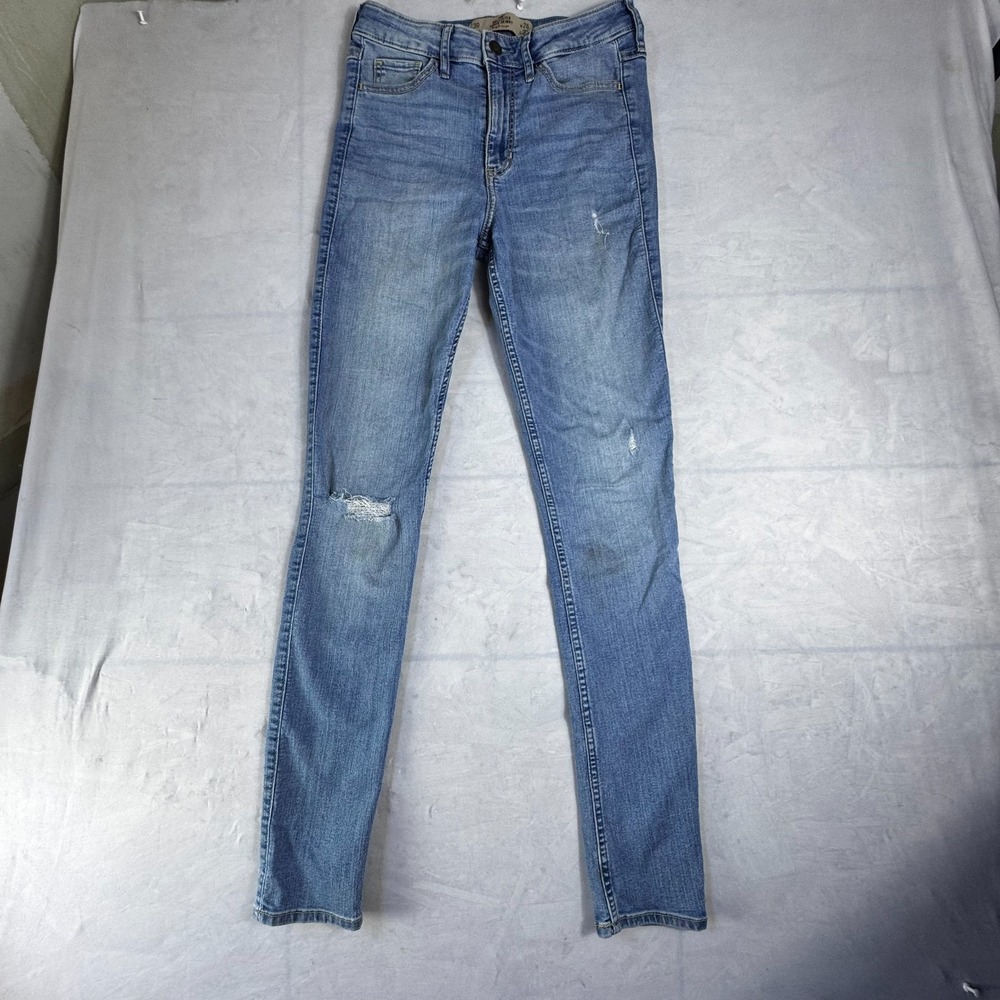 Hollister Womens Super Skinny Leg Jeans Blue Denim Whisker High Rise 3R W26 L31